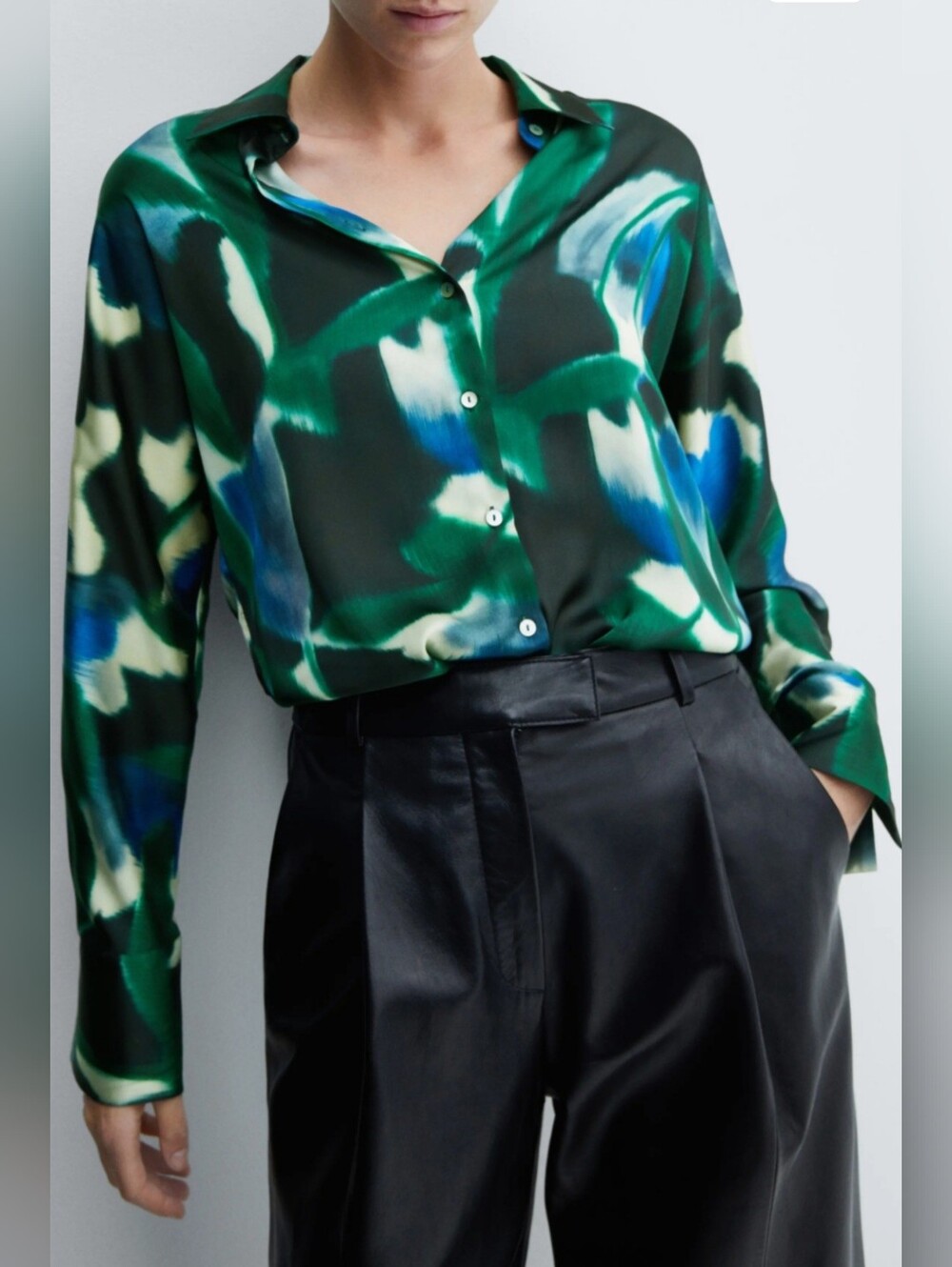 MNG - MANGO | Silk-Feel Abstract Print Blouse - Green/Blue | Large